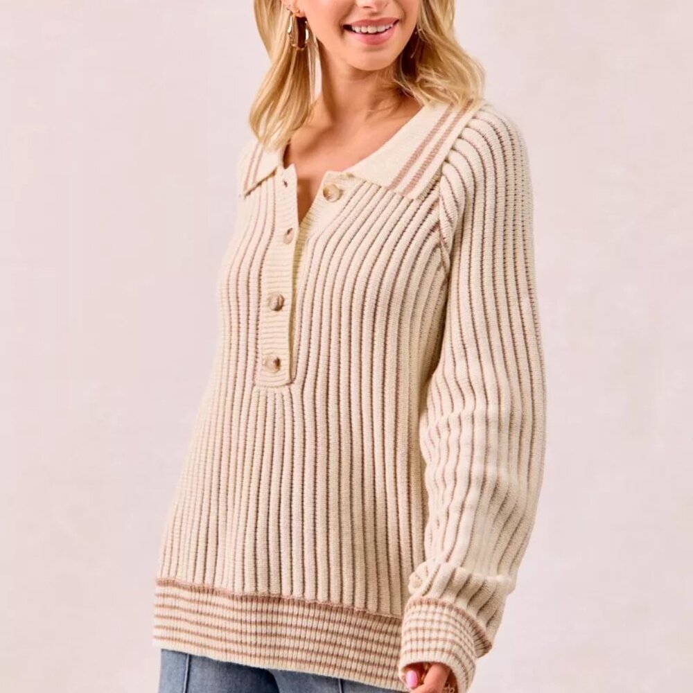 BiBi‎ Half Button Ribbed Two Tone Sweater - Picture 12 of 16